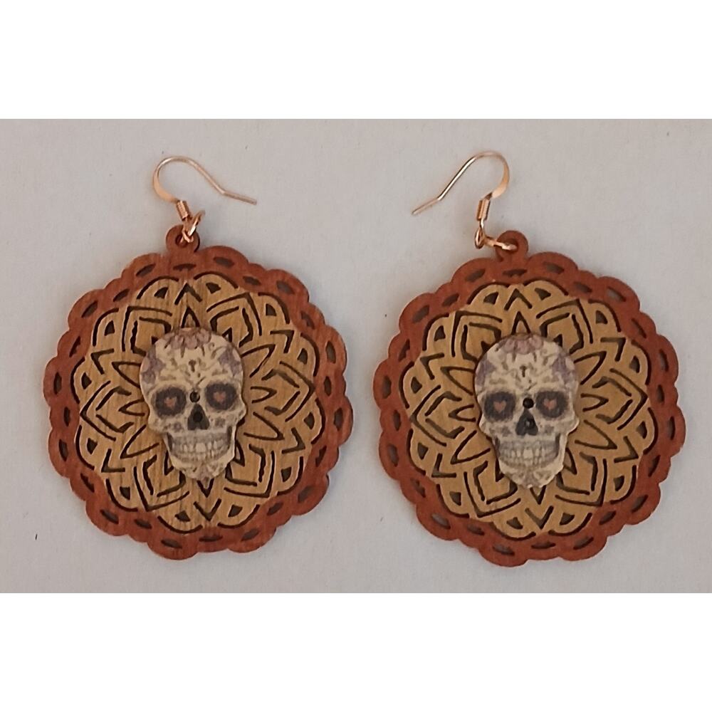 Skull Day of the Dead Earrings Wood Halloween Olln Papalotl Brand New